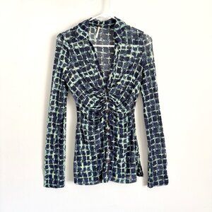 Free People Lucky Shirtee- Blue and Mint Grid Ruched Button-Front Blouse